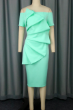 Light Green Elegant Solid Color Flounce Off Shoulder Wrapped Skirt Dresses