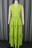 Green Elegant Solid Color Hollow Out V Neck Long Dresses