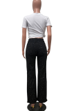Black Casual Solid Color Hot Drill Loose Mid Waist Conventional Patchwork Bottoms