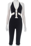 Black Sexy Solid Color Buttons Backless Halter Sleeveless Two Pieces