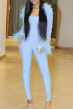 Blue Casual Solid Color Fringed Trim Strapless Long Sleeve Two Pieces