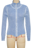 Blue Casual Stripe Zipper Zipper Collar Outerwear