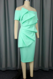 Light Green Elegant Solid Color Flounce Off Shoulder Wrapped Skirt Dresses