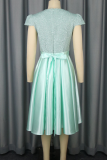 Light Green Elegant Solid Color Bow Decor O Neck Long Dresses