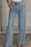 Black Casual Solid Color Hot Drill Loose Mid Waist Conventional Patchwork Bottoms