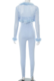 Blue Casual Solid Color Fringed Trim Strapless Long Sleeve Two Pieces