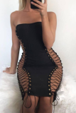 Black Sexy Solid Color Cross Straps Strapless Wrapped Skirt Dresses