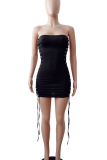 Black Sexy Solid Color Cross Straps Strapless Wrapped Skirt Dresses