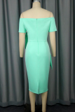 Light Green Elegant Solid Color Flounce Off Shoulder Wrapped Skirt Dresses