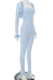 Blue Casual Solid Color Fringed Trim Strapless Long Sleeve Two Pieces