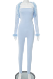 Blue Casual Solid Color Fringed Trim Strapless Long Sleeve Two Pieces