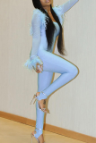Blue Casual Solid Color Fringed Trim Strapless Long Sleeve Two Pieces