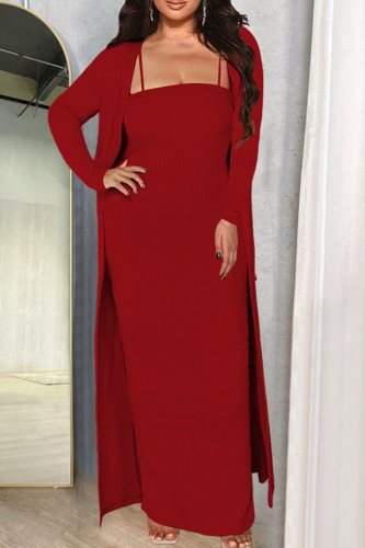 Burgundy Elegant Solid Color Patchwork Cardigan Collar Long Sleeve Two Pieces