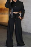 Black Casual Solid Color Draw String Pocket Hooded Long Sleeve Two Pieces