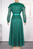 Tangerine Red Elegant Solid Color Lace With Belt V Neck Long Plus Size Dresses