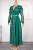 Tangerine Red Elegant Solid Color Lace With Belt V Neck Long Plus Size Dresses