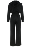 Black Casual Solid Color Draw String Pocket Hooded Long Sleeve Two Pieces