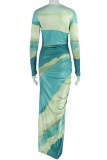 Turquoise Elegant Gradient Ruched O Neck Long Dresses