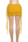 Yellow Sexy Solid Color Fringed Trim Regular Mid Waist Patchwork Bottoms