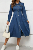Deep Blue Casual Solid Color Pocket Buckle Turndown Collar Long Sleeve Boot Cut Denim Dresses
