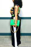 Ink Green Casual Contrast Loose High Waist Wide Leg Patchwork Bottoms