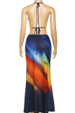 Blue Sexy Gradient Backless Halter Sleeveless Two Pieces