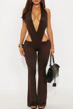 Blue Sexy Solid Color Hollow Out Backless Deep V Neck Sleeveless Two Pieces