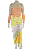 Yellow Elegant Print Ruched O Neck Long Dresses