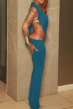 Blue Sexy Solid Color Hollow Out Backless Deep V Neck Sleeveless Two Pieces