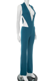Blue Sexy Solid Color Hollow Out Backless Deep V Neck Sleeveless Two Pieces
