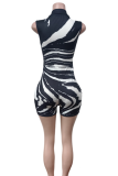 Black And White Sexy Stripe Zipper Turndown Collar Skinny Rompers