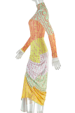 Yellow Elegant Print Ruched O Neck Long Dresses