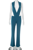 Blue Sexy Solid Color Hollow Out Backless Deep V Neck Sleeveless Two Pieces