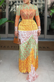 Yellow Elegant Print Ruched O Neck Long Dresses
