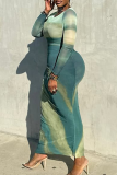 Turquoise Elegant Gradient Ruched O Neck Long Dresses