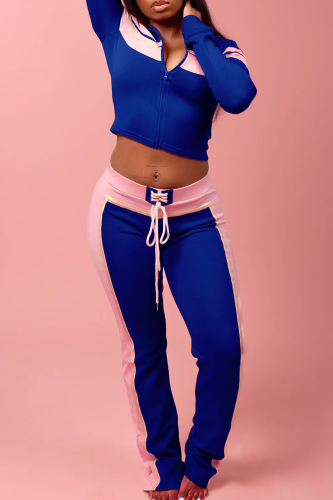 Deep Blue Casual Cross Straps Contrast Spaghetti Strap Long Sleeve Two Pieces