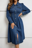 Deep Blue Casual Solid Color Pocket Buckle Turndown Collar Long Sleeve Boot Cut Denim Dresses
