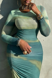 Turquoise Elegant Gradient Ruched O Neck Long Dresses