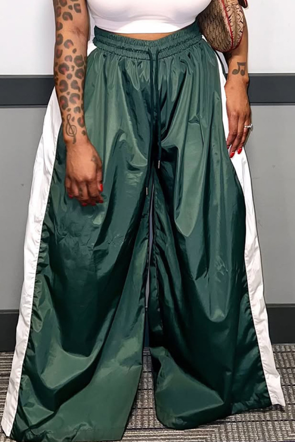 Ink Green Casual Contrast Loose High Waist Wide Leg Patchwork Bottoms