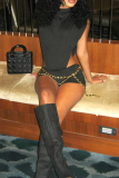 Black Sexy Solid Color Hollow Out O Neck Regular Rompers
