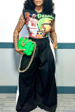 Ink Green Casual Contrast Loose High Waist Wide Leg Patchwork Bottoms