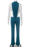 Blue Sexy Solid Color Hollow Out Backless Deep V Neck Sleeveless Two Pieces