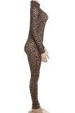 Khaki Sexy Leopard Print Turtleneck Skinny Jumpsuits