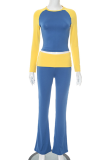 Deep Blue Casual Contrast O Neck Long Sleeve Two Pieces