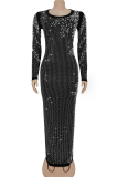 Black Elegant Solid Color Hot Drill O Neck Long Dresses