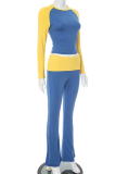 Deep Blue Casual Contrast O Neck Long Sleeve Two Pieces