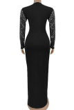 Black Elegant Solid Color Hot Drill O Neck Long Dresses