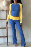 Deep Blue Casual Contrast O Neck Long Sleeve Two Pieces