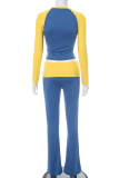 Deep Blue Casual Contrast O Neck Long Sleeve Two Pieces
