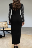 Black Elegant Solid Color Hot Drill O Neck Long Dresses
